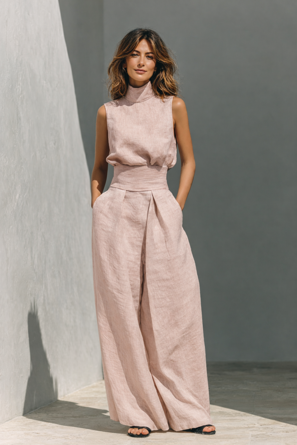 Yvonne Hellblau Ärmelloses Leinenset Weites Hosenbein für Damen | Luftig Elegant - XS/S/M/L/XL/2XL