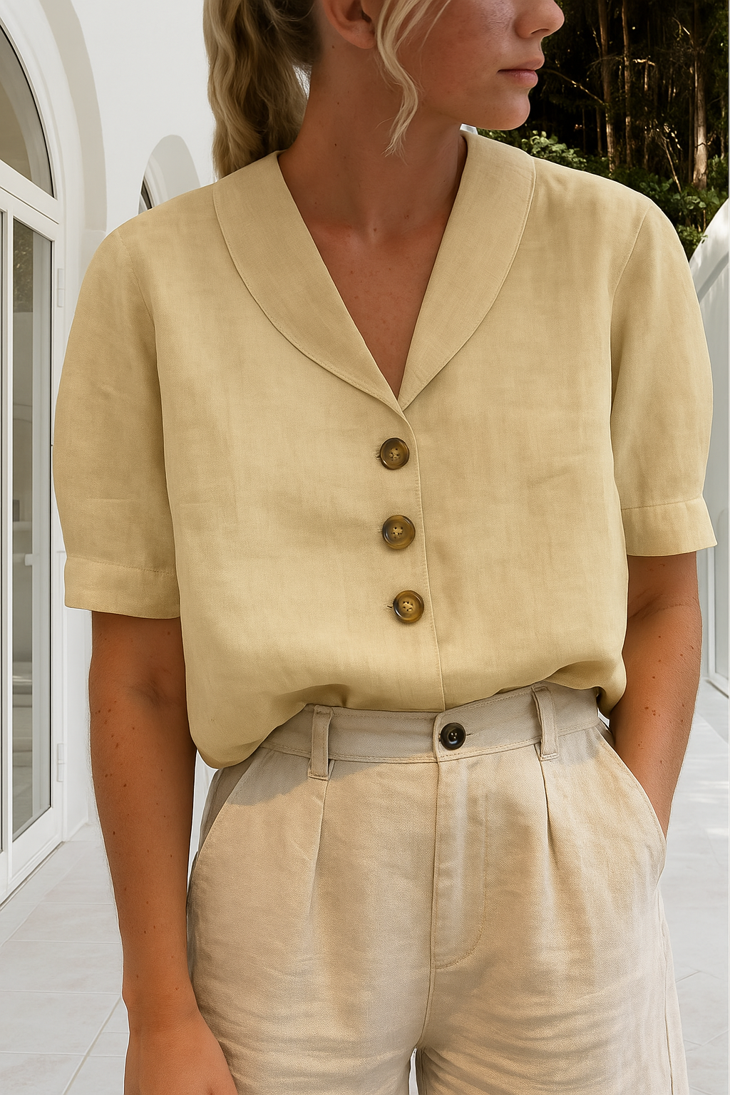 Monika Weiß Baumwoll-Leinen Bluse mit Schalkragen für Damen | Luftig Entspannte Passform | Frühling Sommer | Knopfleiste - S/M/L/XL/2XL/3XL