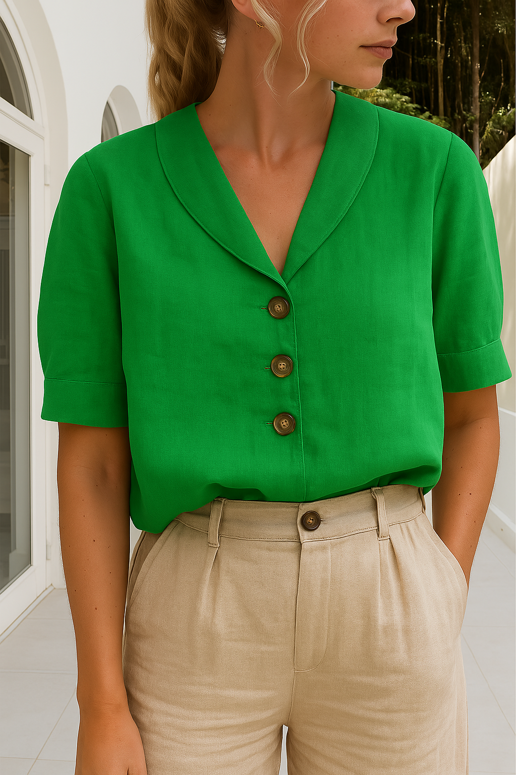 Monika Weiß Baumwoll-Leinen Bluse mit Schalkragen für Damen | Luftig Entspannte Passform | Frühling Sommer | Knopfleiste - S/M/L/XL/2XL/3XL