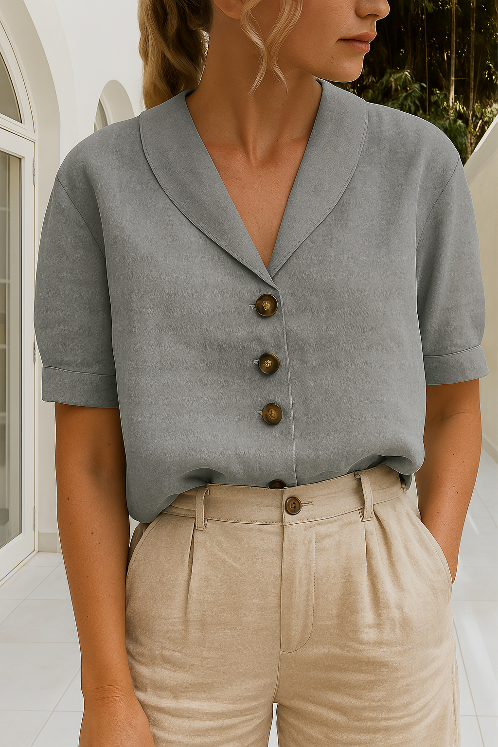 Monika Weiß Baumwoll-Leinen Bluse mit Schalkragen für Damen | Luftig Entspannte Passform | Frühling Sommer | Knopfleiste - S/M/L/XL/2XL/3XL