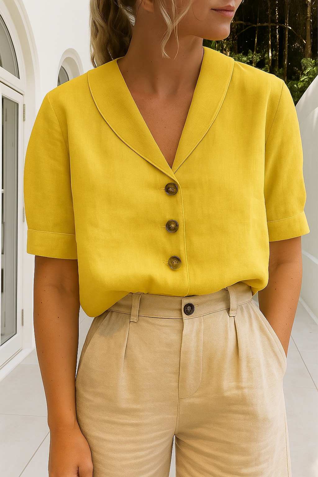Monika Weiß Baumwoll-Leinen Bluse mit Schalkragen für Damen | Luftig Entspannte Passform | Frühling Sommer | Knopfleiste - S/M/L/XL/2XL/3XL