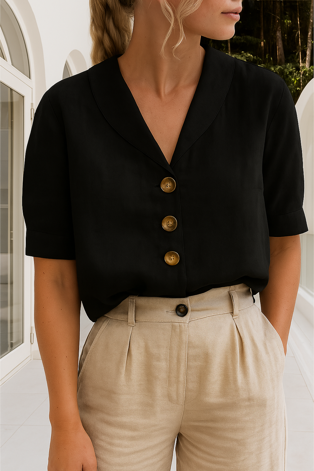 Monika Weiß Baumwoll-Leinen Bluse mit Schalkragen für Damen | Luftig Entspannte Passform | Frühling Sommer | Knopfleiste - S/M/L/XL/2XL/3XL