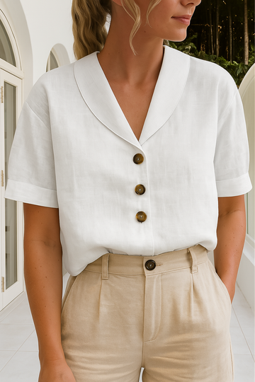 Monika Weiß Baumwoll-Leinen Bluse mit Schalkragen für Damen | Luftig Entspannte Passform | Frühling Sommer | Knopfleiste - S/M/L/XL/2XL/3XL