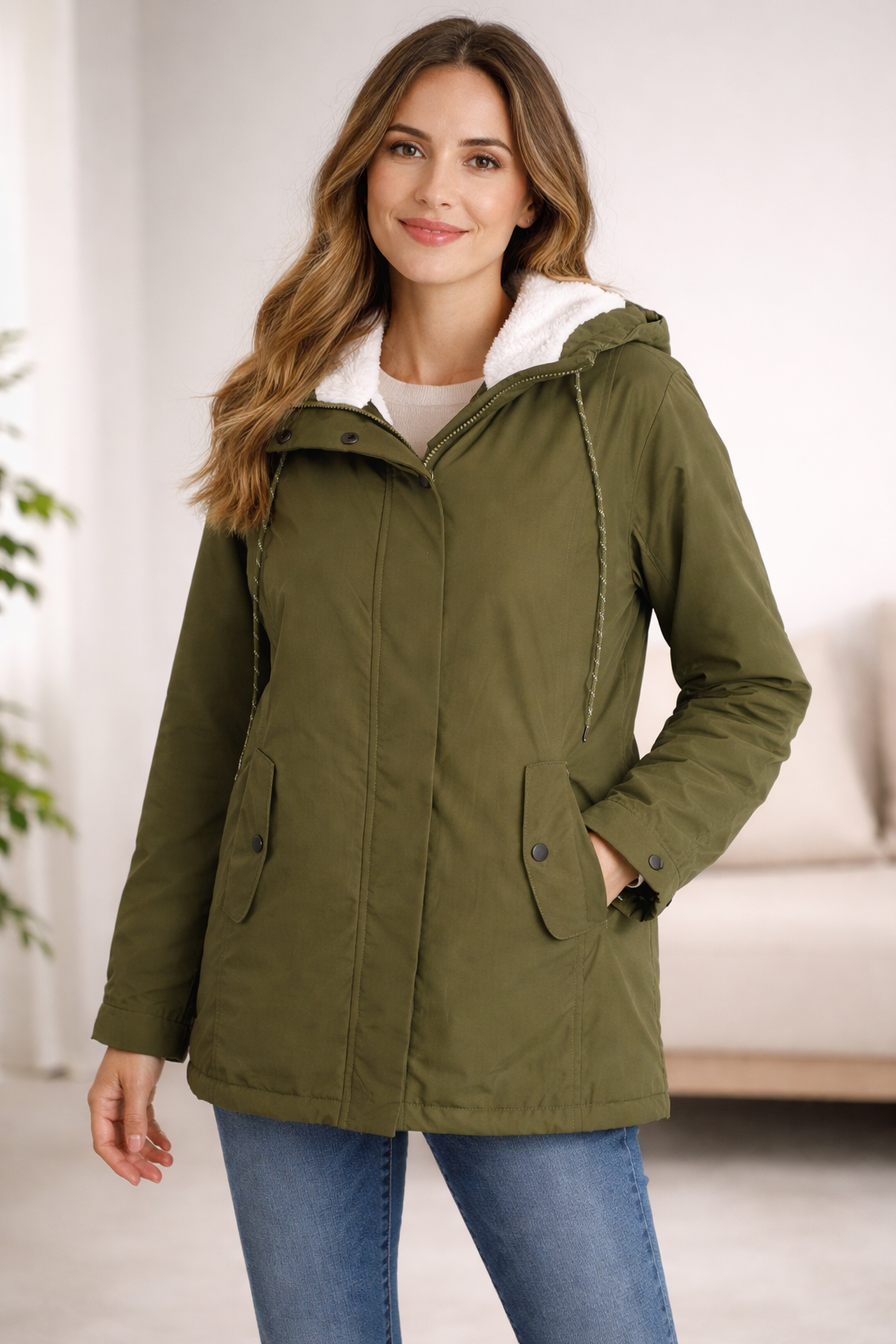 Monika Grün Gefütterte Winterparka mit Kapuze für Damen | Sherpa-Innenfutter Casual Winter - XXS/XS/S/M/L/XL/2XL
