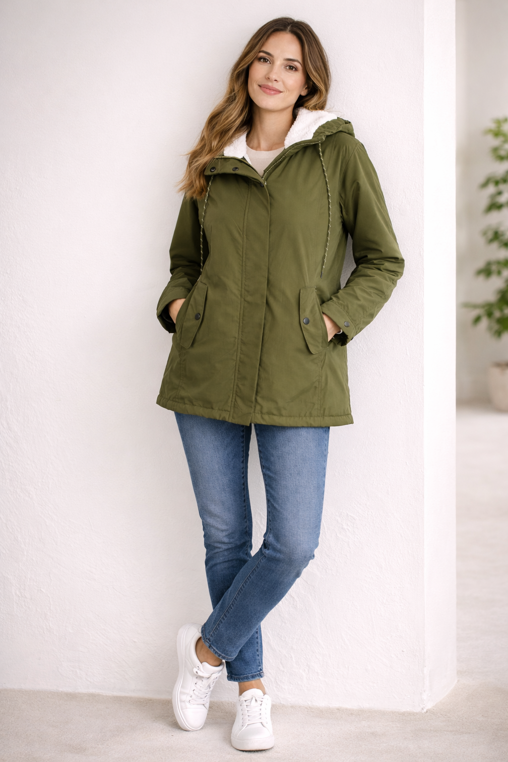 Monika Grün Gefütterte Winterparka mit Kapuze für Damen | Sherpa-Innenfutter Casual Winter - XXS/XS/S/M/L/XL/2XL
