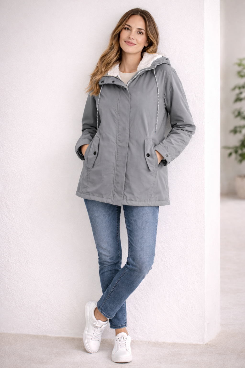 Monika Grün Gefütterte Winterparka mit Kapuze für Damen | Sherpa-Innenfutter Casual Winter - XXS/XS/S/M/L/XL/2XL