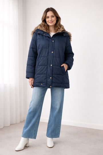 Waltraud Schwarz Gesteppte Oversized Winterjacke mit Kapuze für Damen | Kunstfell-Besatz Casual Winter - S/M/L/XL/2XL/3XL/4XL/5XL