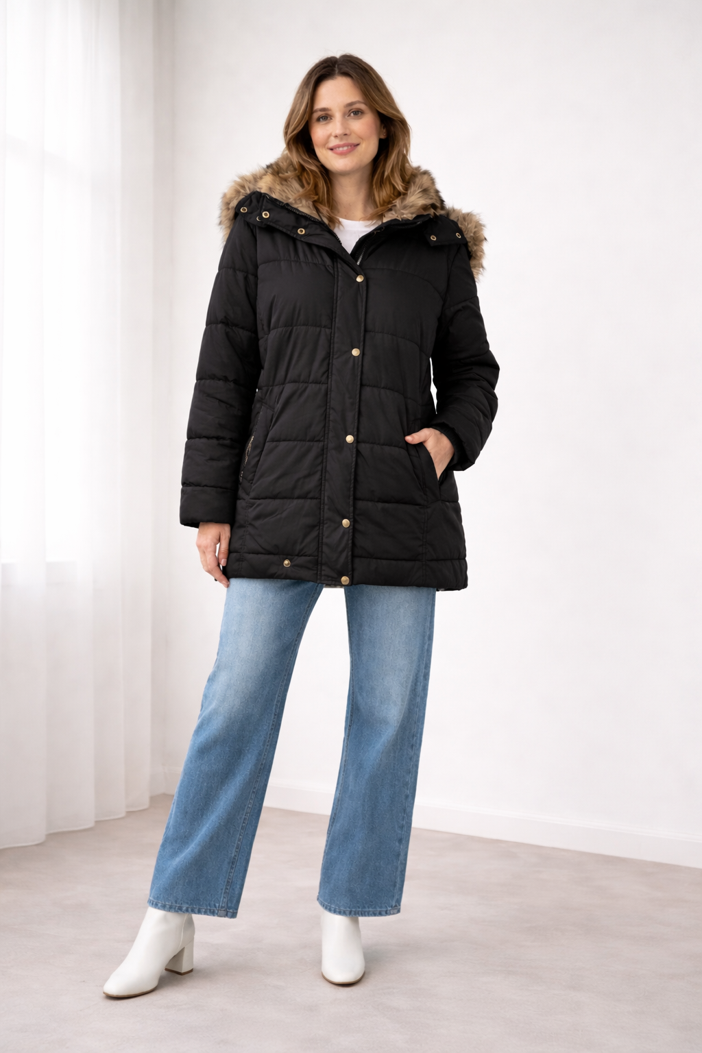 Waltraud Schwarz Gesteppte Oversized Winterjacke mit Kapuze für Damen | Kunstfell-Besatz Casual Winter - S/M/L/XL/2XL/3XL/4XL/5XL