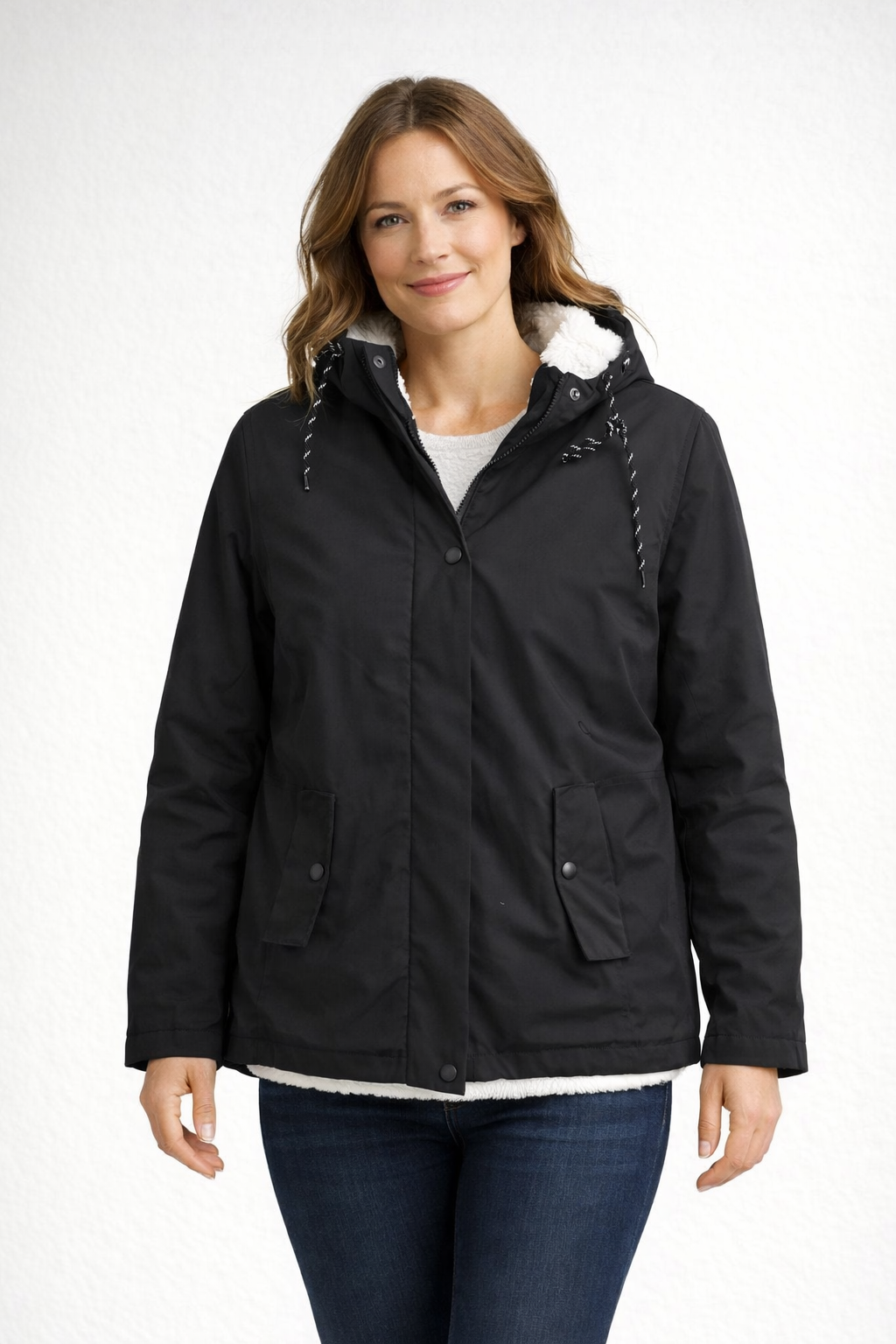 Wanda Schwarz Gefütterte Winterjacke mit Kapuze für Damen | Sherpa-Futter Casual Winter - XS/S/M/L/XL/2XL/3XL