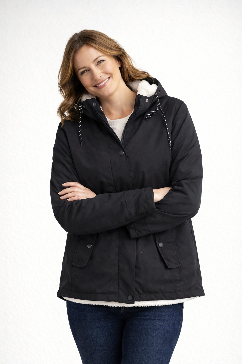 Wanda Schwarz Gefütterte Winterjacke mit Kapuze für Damen | Sherpa-Futter Casual Winter - XS/S/M/L/XL/2XL/3XL