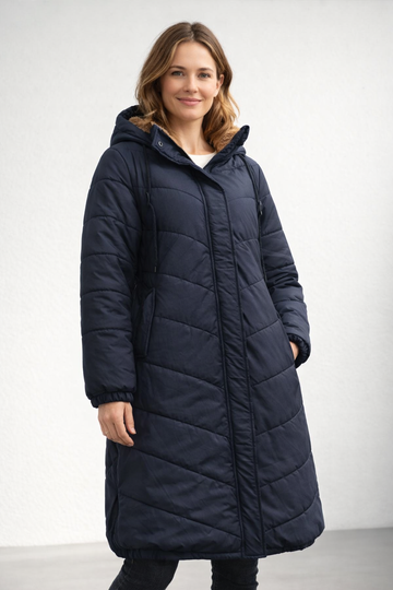 Wanda Schwarz Langer Gesteppter Wintermantel mit Kapuze und Fleecefutter für Damen | Casual Winter - XXS/XS/S/M/L/XL