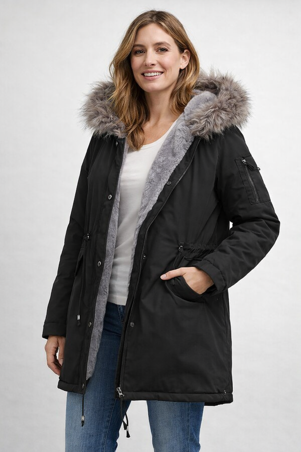 Monika Schwarz Langer Winter-Parka mit Kapuze für Damen | Kunstfellbesatz Fleecefutter Fishtail-Saum - S/M/L/XL/2XL/3XL