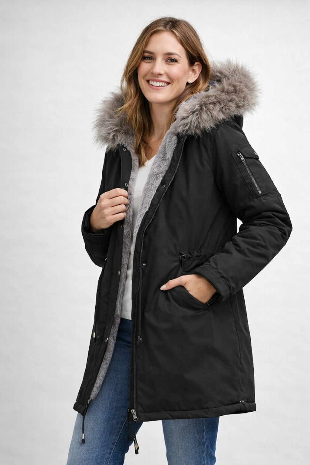 Monika Schwarz Langer Winter-Parka mit Kapuze für Damen | Kunstfellbesatz Fleecefutter Fishtail-Saum - S/M/L/XL/2XL/3XL