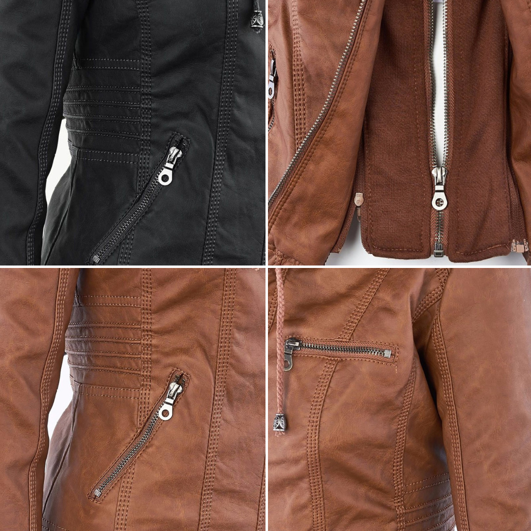 Monika Braun Kurze Leder-Optik Jacke mit Kapuze für Damen | Biker Stil Casual Herbst - S/M/L/XL/2XL/3XL