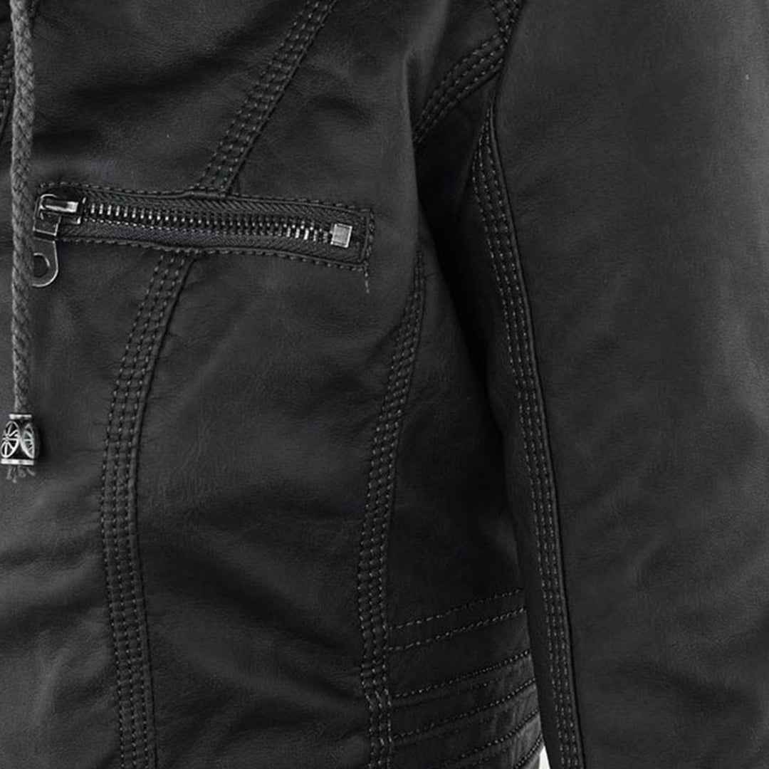 Monika Braun Kurze Leder-Optik Jacke mit Kapuze für Damen | Biker Stil Casual Herbst - S/M/L/XL/2XL/3XL