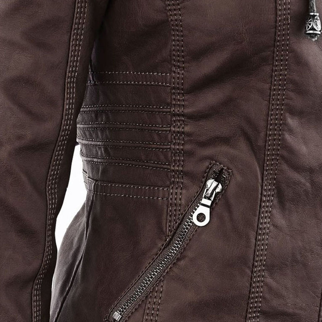 Monika Braun Kurze Leder-Optik Jacke mit Kapuze für Damen | Biker Stil Casual Herbst - S/M/L/XL/2XL/3XL