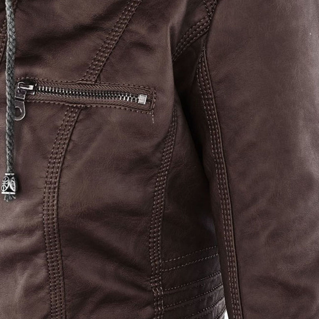 Monika Braun Kurze Leder-Optik Jacke mit Kapuze für Damen | Biker Stil Casual Herbst - S/M/L/XL/2XL/3XL