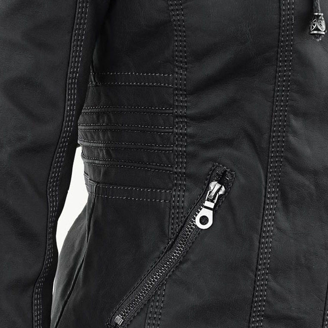 Monika Braun Kurze Leder-Optik Jacke mit Kapuze für Damen | Biker Stil Casual Herbst - S/M/L/XL/2XL/3XL
