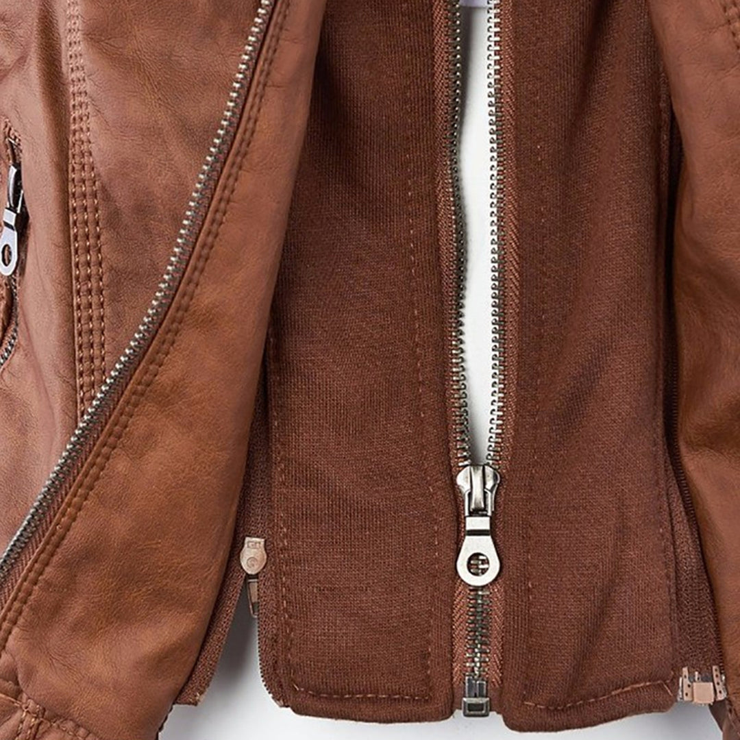 Monika Braun Kurze Leder-Optik Jacke mit Kapuze für Damen | Biker Stil Casual Herbst - S/M/L/XL/2XL/3XL