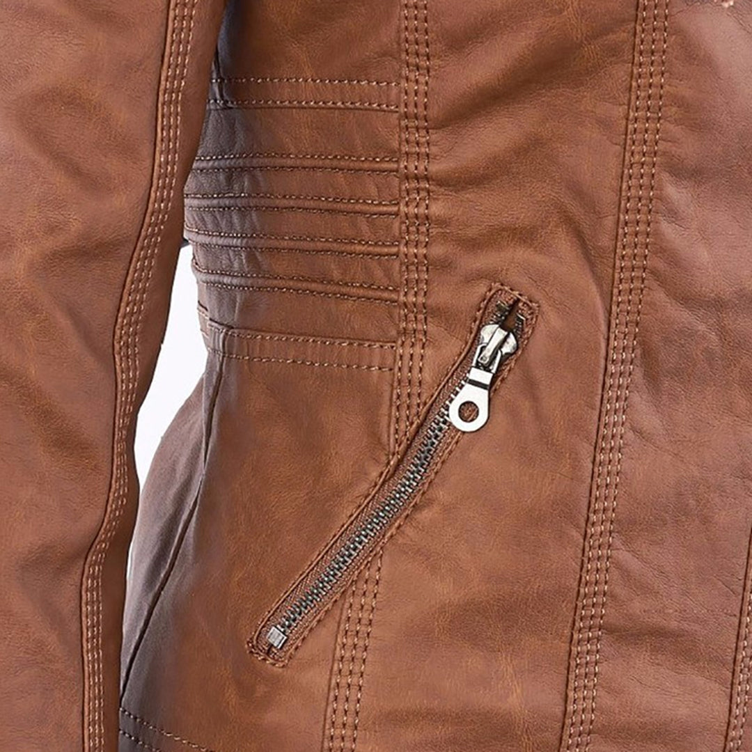 Monika Braun Kurze Leder-Optik Jacke mit Kapuze für Damen | Biker Stil Casual Herbst - S/M/L/XL/2XL/3XL