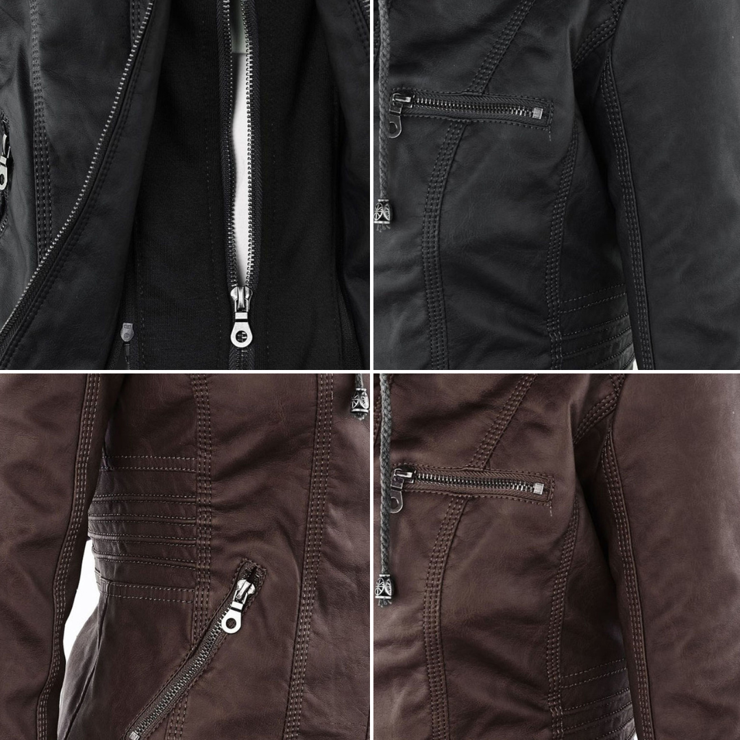 Monika Braun Kurze Leder-Optik Jacke mit Kapuze für Damen | Biker Stil Casual Herbst - S/M/L/XL/2XL/3XL