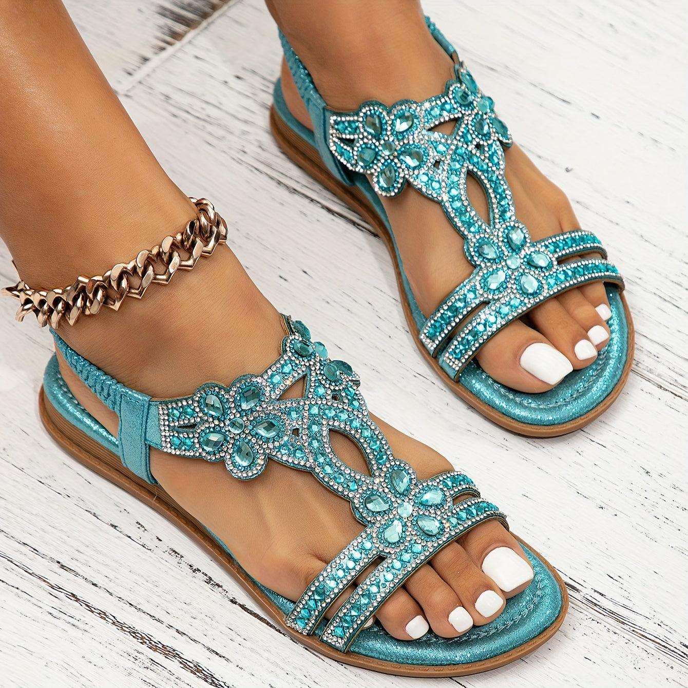 Cornelia Himmelblau Rhinestone Boho Flachsandalen für Damen | Glamouröser Stil - 37/38/39/40/41/42/43