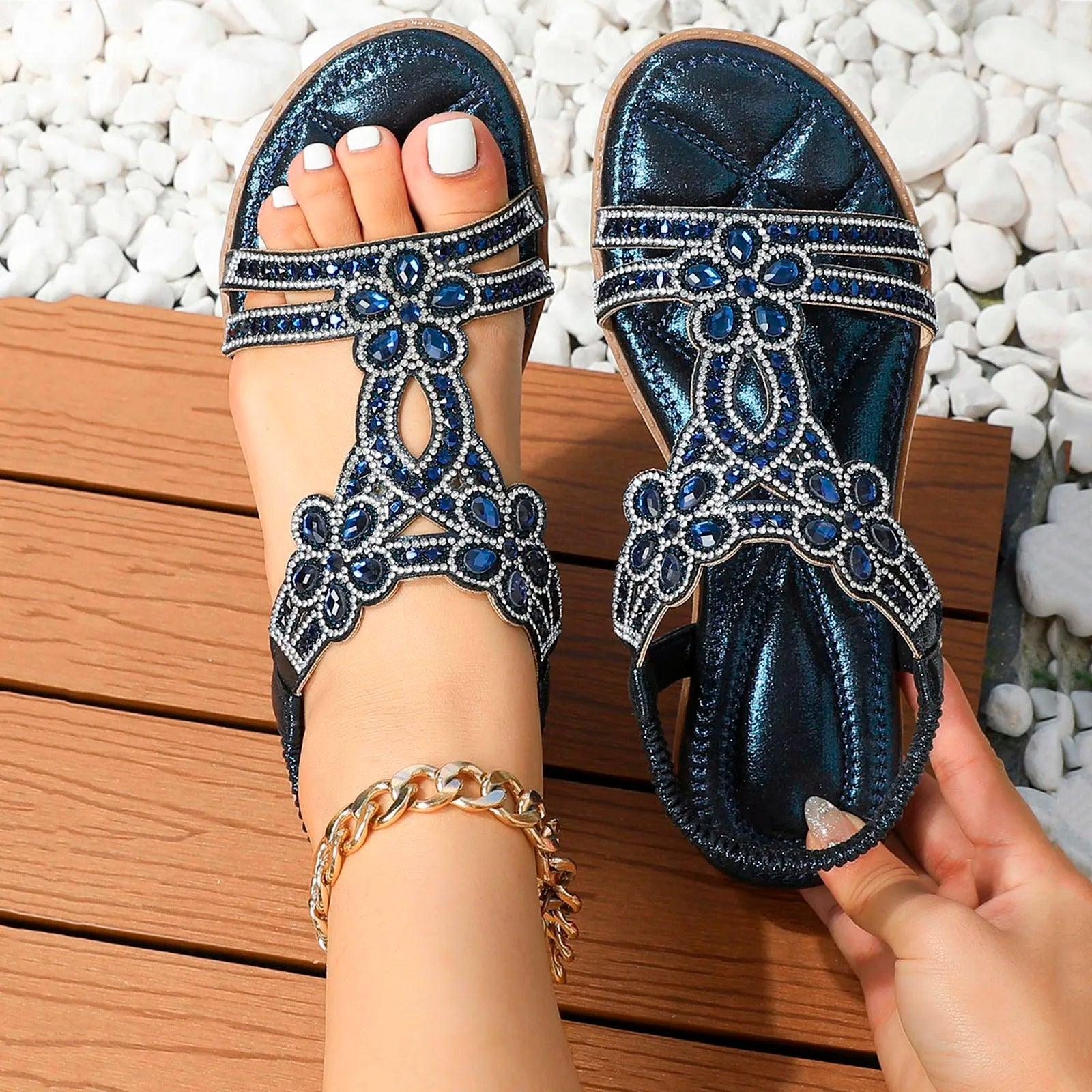 Cornelia Himmelblau Rhinestone Boho Flachsandalen für Damen | Glamouröser Stil - 37/38/39/40/41/42/43