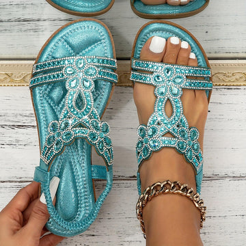Cornelia Himmelblau Rhinestone Boho Flachsandalen für Damen | Glamouröser Stil - 37/38/39/40/41/42/43