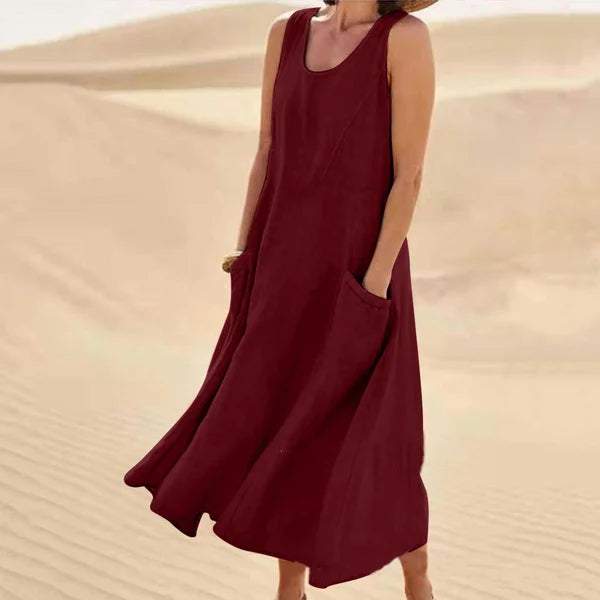 Vreni Rosa Ärmelloses Leinenoptik Midi-Kleid für Damen | Leichter Sommerkomfort mit Taschen - S/M/L/XL/2XL/3XL/4XL/5XL
