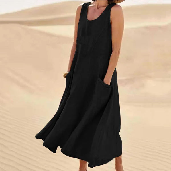 Vreni Rosa Ärmelloses Leinenoptik Midi-Kleid für Damen | Leichter Sommerkomfort mit Taschen - S/M/L/XL/2XL/3XL/4XL/5XL