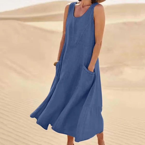Vreni Rosa Ärmelloses Leinenoptik Midi-Kleid für Damen | Leichter Sommerkomfort mit Taschen - S/M/L/XL/2XL/3XL/4XL/5XL