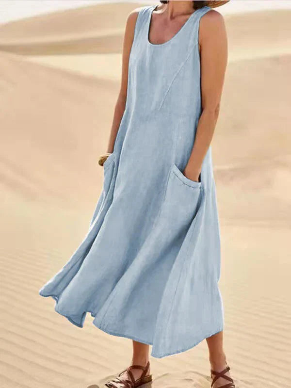 Vreni Rosa Ärmelloses Leinenoptik Midi-Kleid für Damen | Leichter Sommerkomfort mit Taschen - S/M/L/XL/2XL/3XL/4XL/5XL