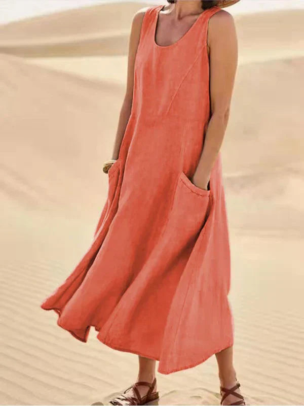 Vreni Rosa Ärmelloses Leinenoptik Midi-Kleid für Damen | Leichter Sommerkomfort mit Taschen - S/M/L/XL/2XL/3XL/4XL/5XL