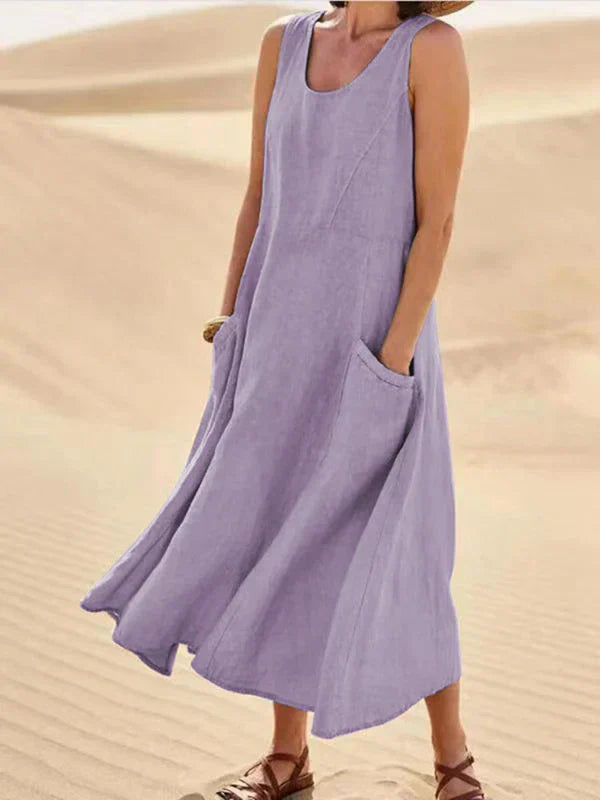 Vreni Rosa Ärmelloses Leinenoptik Midi-Kleid für Damen | Leichter Sommerkomfort mit Taschen - S/M/L/XL/2XL/3XL/4XL/5XL