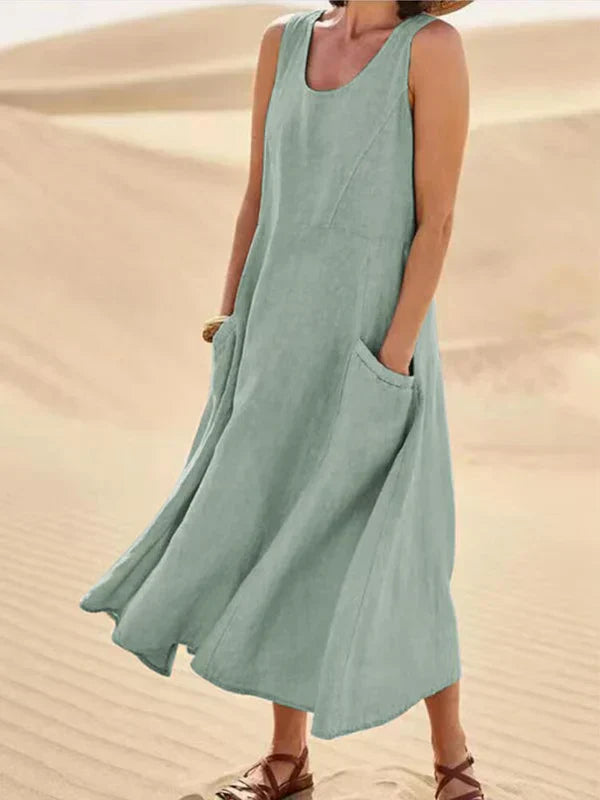 Vreni Rosa Ärmelloses Leinenoptik Midi-Kleid für Damen | Leichter Sommerkomfort mit Taschen - S/M/L/XL/2XL/3XL/4XL/5XL