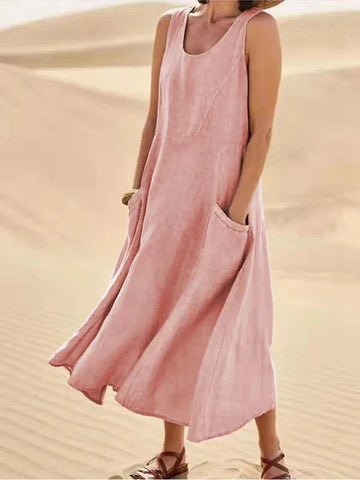 Vreni Rosa Ärmelloses Leinenoptik Midi-Kleid für Damen | Leichter Sommerkomfort mit Taschen - S/M/L/XL/2XL/3XL/4XL/5XL