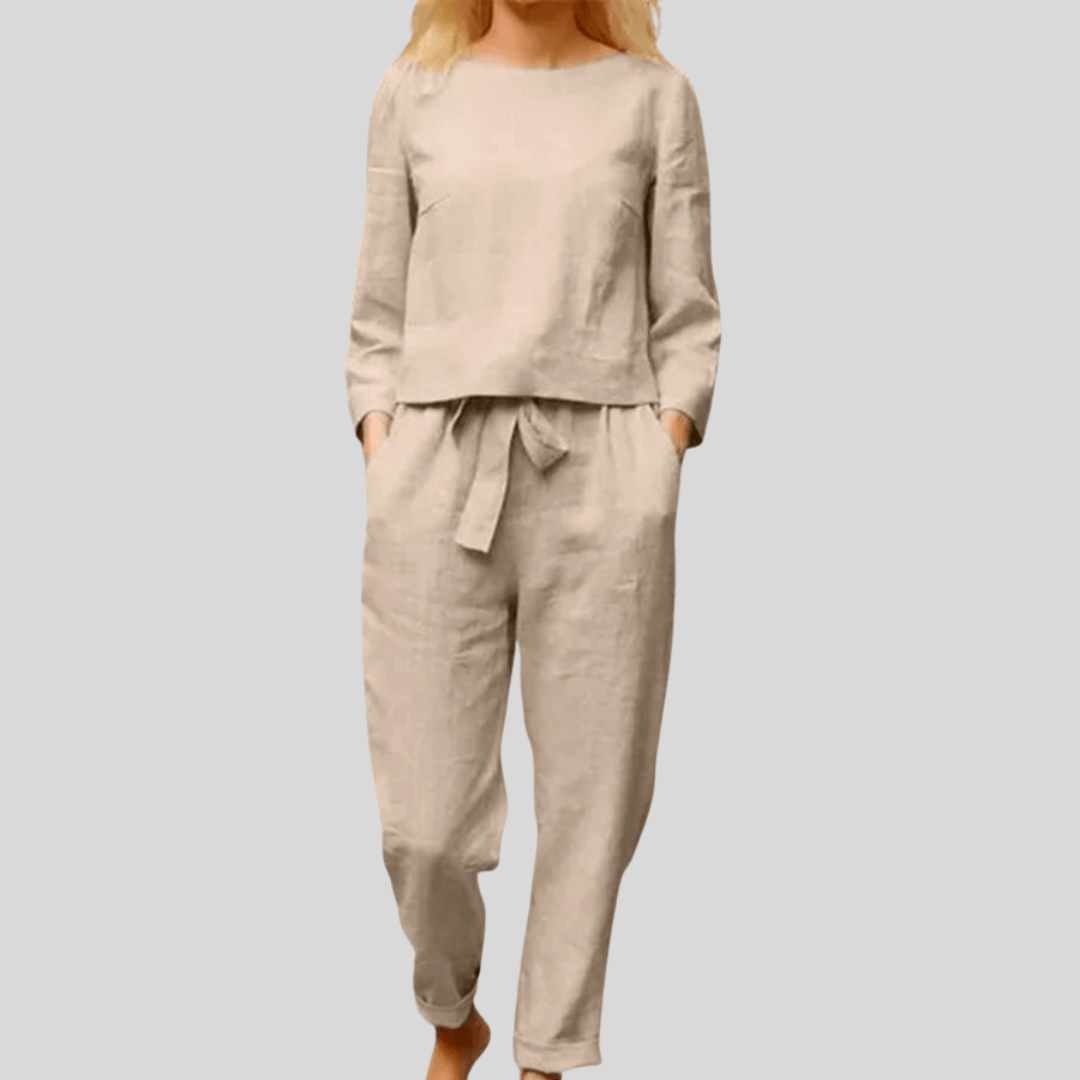 Rosemarie Beige Leinen-Optik Langarm Zweiteiler-Set für Damen | Lässig Eleganter Stil | Alltag und Reisen - S/M/L/XL