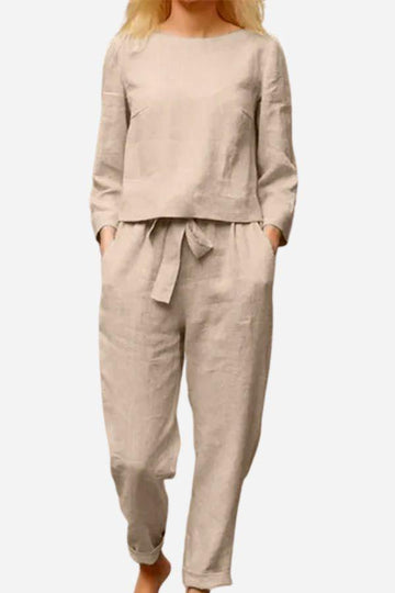 Rosemarie Beige Leinen-Optik Langarm Zweiteiler-Set für Damen | Lässig Eleganter Stil | Alltag und Reisen - S/M/L/XL