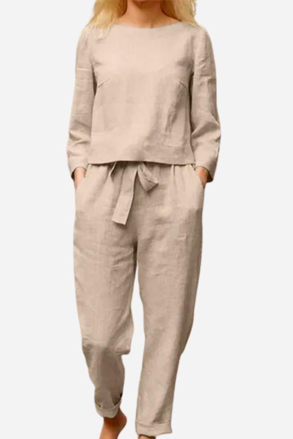 Rosemarie Beige Leinen-Optik Langarm Zweiteiler-Set für Damen | Lässig Eleganter Stil | Alltag und Reisen - S/M/L/XL
