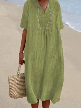 Heidi Blau Leinenkleid mit V-Ausschnitt und Kurzarm für Damen | Leichter Sommerfit | Strandurlaub
