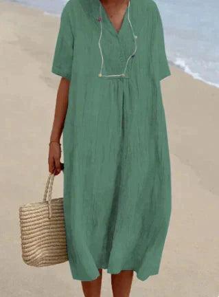 Heidi Blau Leinenkleid mit V-Ausschnitt und Kurzarm für Damen | Leichter Sommerfit | Strandurlaub