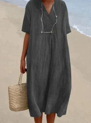 Heidi Blau Leinenkleid mit V-Ausschnitt und Kurzarm für Damen | Leichter Sommerfit | Strandurlaub
