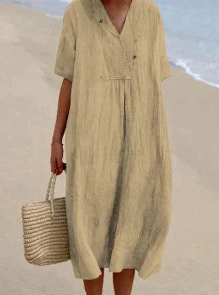 Heidi Blau Leinenkleid mit V-Ausschnitt und Kurzarm für Damen | Leichter Sommerfit | Strandurlaub