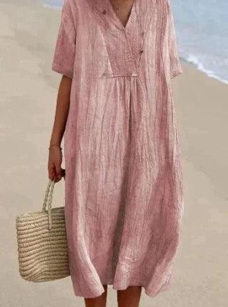 Heidi Blau Leinenkleid mit V-Ausschnitt und Kurzarm für Damen | Leichter Sommerfit | Strandurlaub