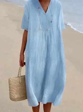 Heidi Blau Leinenkleid mit V-Ausschnitt und Kurzarm für Damen | Leichter Sommerfit | Strandurlaub