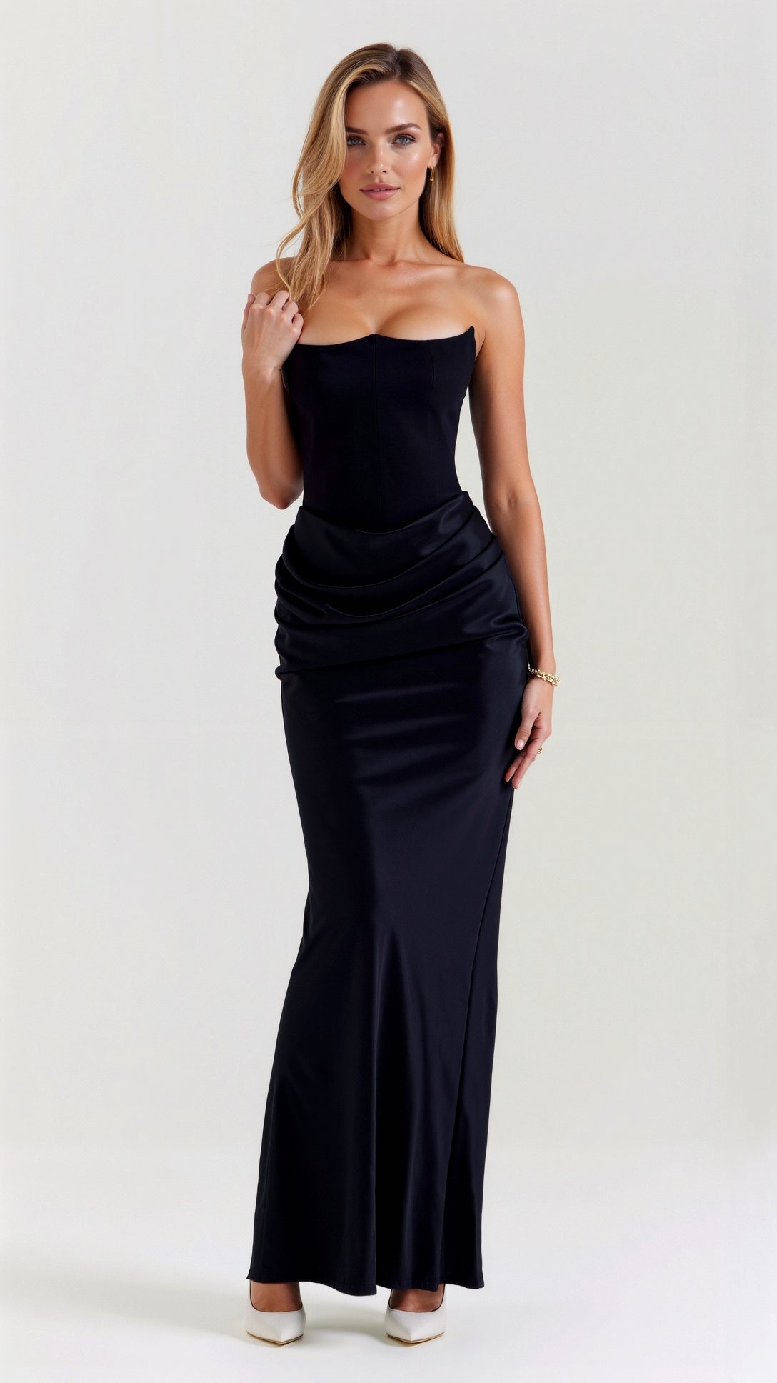 Dara Damen Abendkleid | Schulterfrei, Drapiert, Langes Abendkleid für Hochzeiten 0