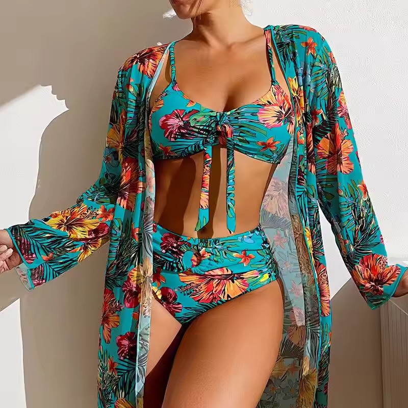 Darya Damen Bikini Set | Knotenoberteil, Hochgeschnittene Hose, Langer Überwurf 0