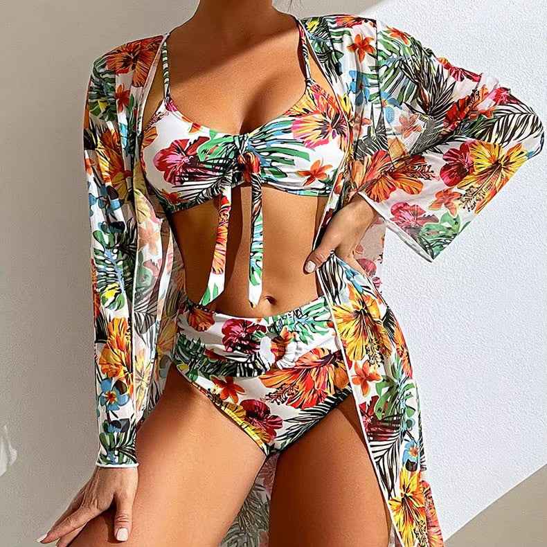 Darya Damen Bikini Set | Knotenoberteil, Hochgeschnittene Hose, Langer Überwurf 1