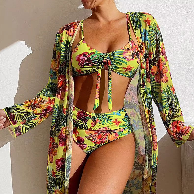 Darya Damen Bikini Set | Knotenoberteil, Hochgeschnittene Hose, Langer Überwurf 2