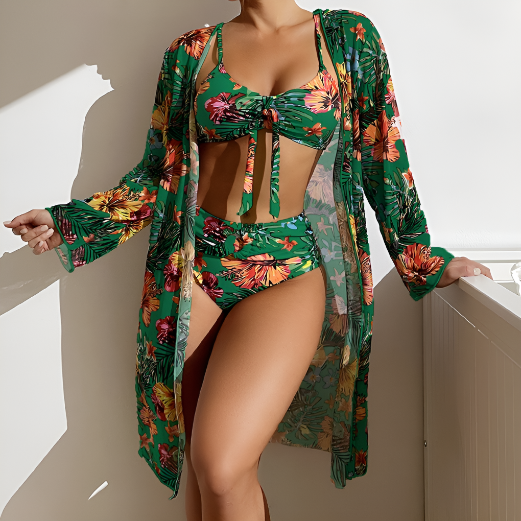 Darya Damen Bikini Set | Knotenoberteil, Hochgeschnittene Hose, Langer Überwurf 5